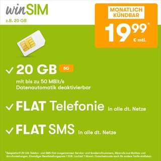 winSIM Handytarif z.B. Allnet Flat 20 GB – (Flat Internet 5G 20 GB, Flat Telefonie, Flat SMS und Flat EU-Ausland, 19,99 Euro/Monat, monatlich kündbar) oder andere Tarife