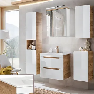 Badezimmer Möbel Set Hochglanz weiß inkl. 61 cm Keramikwaschtisch LUTON-56, B/H/ T ca. 161/200/46 cm - Weiß
