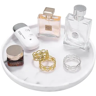 Luxspire Rund Tablett deko, Harz Kosmetiktablett Dekoschalen Schminktisch Make up Tablett Dekoteller Schmuck Organizer Servierbrett Schale für Kosmetik Schmuck Bad Wohnzimmer Deko, Marmor Weiß