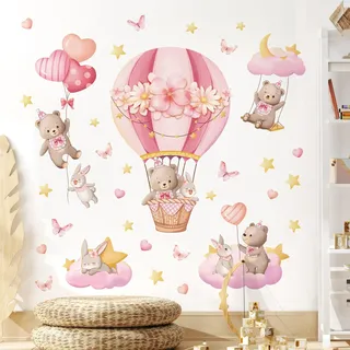 Tanlaby Rosa Heißluftballon Wandaufkleber Bär Kaninchen Sterne Herzen Wandsticker Cartoon Tiere Abziehen und Aufkleben Wanddeko für Kinderzimmer Babyzimmer Schlafzimmer