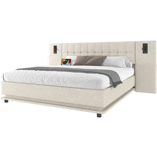 Flieks Polsterbett 180x200cm Beige Leinen LED-Leiste Kopfteil Spot Usb , Holz , 180x200 cm , Schlafzimmer, Betten