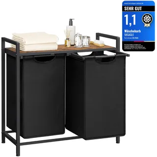 VASAGLE Wäschekorb 2 Fächer, Wäschesammler mit Ablage, Wäschebox, Wäschesack aus Oxford-Gewebe abnehmbar, Metallrahmen, 2 x 46 L, 73 x 33 x 72 cm, tintenschwarz-vintagebraun BLH201B01