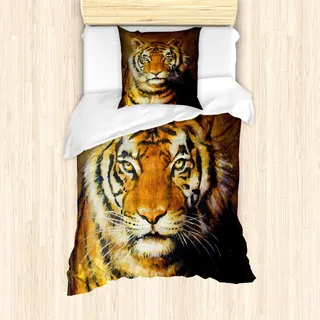 ABAKUHAUS Tiger Mantele, Ölgemälde-Art-Tier, Milbensicher Allergiker geeignet mit Kissenbezügen, 135 cm x 200 cm - 80 x 80 cm, Schwarz Pale Brown - Schwarz