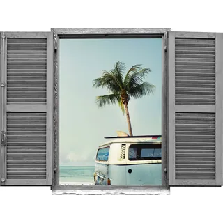 Queence Wandtattoo »Auto am Meer« Wandsticker, Wandbild, selbstklebend, 3D, Fenster, blau