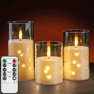 Behogan 3 Stück LED-Kerzen, Elektrische Kerzen mit Fernbedienung, LED Kerzen Flammenlose im Glas, Kerzen mit Beweglicher Flamme, Verwendet für Wohndekoration und Feiertagsfeiern, Warmweiß