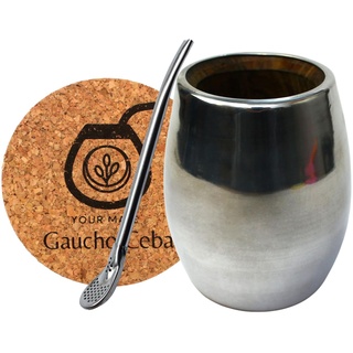 Mate-Tee Accessories Set | Handgefertigt mate-tee tasse Palo Santo vollständig Metall verkleidet mate Tee Mug | delstahl-Strohhalm Bombilla für Mate Tee 15,5cm | Korkpad | Set fur yerba mate-tee