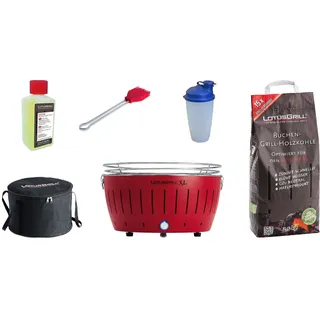 LotusGrill XL Starter-Set 1x XL Grill Feuerrot mit USB-Anschluß, 1x Buchenholzkohle 2,5 kg, 1x Brennpaste 200ml, 1x Marinierpinsel, 1x Dressingshaker, 1x Transport-Tasche X