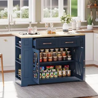 MODFU Küchenschrank küchenwagen mit erweiterbare Arbeitsfläche mit Klapptisch,Servierwagen mit Glastür,USB-Anschluss und AC-Anschluss,Wohnzimmerschrank mit verstellbares Laminat,Blau+Natur - Blau