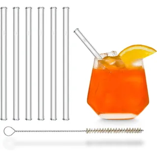 HALM Glasstrohhalme kurz - 6 Stück gerade 15 cm - Strohhalme Set Wiederverwendbar + plastik-freie Reinigungsbürste - Glastrinkhalme für Cocktail Gläser, Kinder Gläser - Smoothie Strohhalme