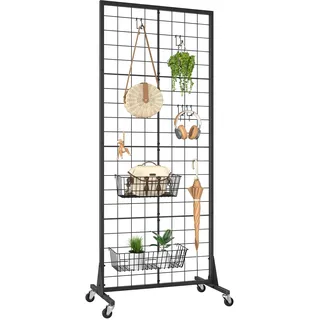 WELDUN Gitter Pinnwand mit Räder, Gitterwand-Display Fotowand mit Haken, bewegliche Gitterwand Paneele Verkaufsständer