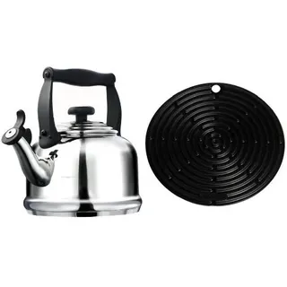 Le Creuset Wasserkessel Tradition Edelstahl & Le Creuset Silikon-Accessoires Topflappen rund schwarz