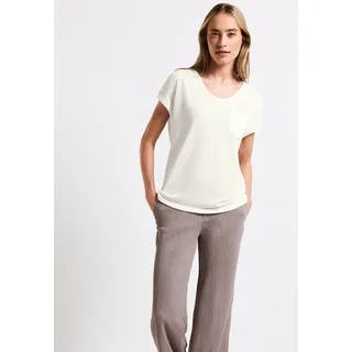 T-Shirt STREET ONE, Damen, Gr. 46, weiß (sanftes weiß), Jersey, Obermaterial: 80% Polyester, 20% Viskose, hüftbedeckend, V-Ausschnitt, Shirts T-Shirt, im Leinen-Look und mit Brusttasche+ö