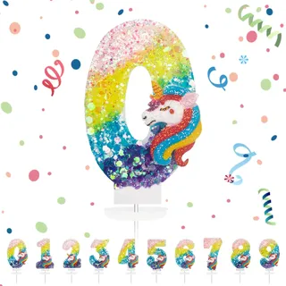 Partyhausy 3D Regenbogen Einhorn Geburtstagskerzen, Zahl 0, Kuchen Topper Dekoration, Unparfümiert, Kerze