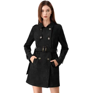 Allegra K Damen Trenchcoat Langarm Zweireiher Faux Wildleder Mantel Wintermantel Schwarz L