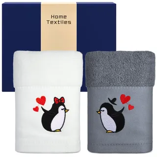 Otuuz 2 Stück 35 x 70 cm Handtücher Beste Mama und Papa Der Welt Handtuch Baumwolle Bestickte Tuch Eltern Geschenk für Weihnachten Geburtstag Muttertag Vatertag(Pinguin,Weiß Grau)