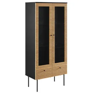 SalesFever Glasvitrine 2-türig|Vitrine mit 4 Einlegeböden und 2 Schubladen, MDF Eiche, Echtholzfurnier, Gestell Metall, B79xT43xH179cm