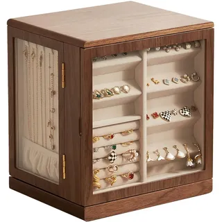 Homruilink Schmuckkasten aus Holz, große Schmuckschatulle aus Walnussholz, Schmuckbox mit Glasfenster und 5 Schubladen, 360° drehbarer Schmuckorganizer – Geschenk für Frauen