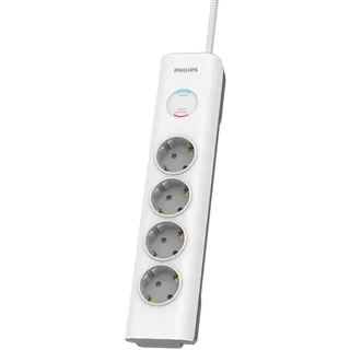 Philips SPN7040WA/10 Steckdosenleiste mit 4 Steckdosen, Stromverriegelung, 3.680 W, 600 J, Geflochtenes Netzkabel, 2 m hochfest, Sicherheitsverschluss (Prot-LED-Anzeige)