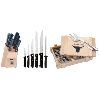 WMF Classic Line Messerblock mit Messerset 7-teilig & Steakbesteck 12-teilig, Steakbesteck Set für 6 Personen, Steakmesser Set, Steakgabel, Cromargan Edelstahl poliert, Grillbesteck in Holzkiste