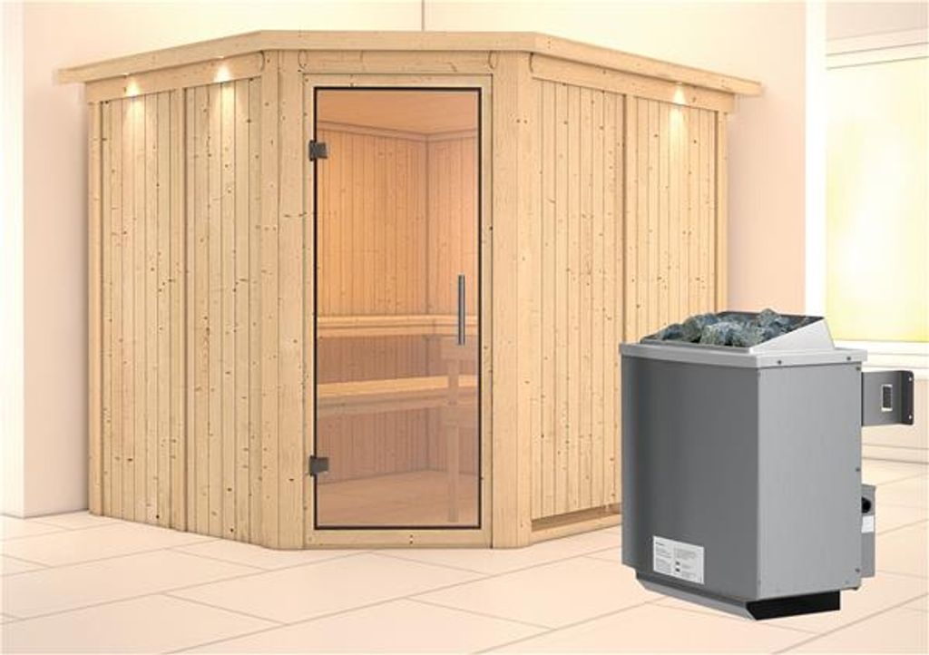 Bild von Sauna Malin 68mm Kranz Ofen integrierte Steuerung, Glastür, LED-Dachkranz