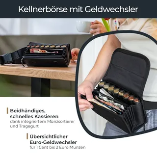 HMF Kellner Geldbörse mit verstellbarem Gürtel, Kellnertasche mit Euro-Geldwechsler und Reißverschlussfach 20,5 x 10 x 6,5 cm Schwarz