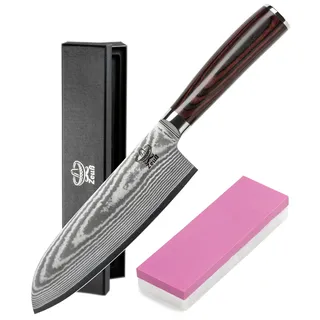 ZEUß Damastmesser XL 30 cm Santokumesser | aus echtem 67 Lagen Damaststahl | 62±2 HRC TÜV-geprüfter, optimierter VG-10 Stahl | Damast Küchenmesser mit Schleifstein, Klingenschutz & Geschenkbox