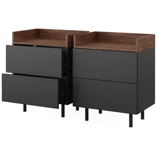 Vicco Nachttisch Anika, 54 x 68 cm, Anthrazit Walnussbraun, Schubfächer