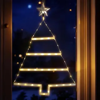 Fensterbild Weihnachtsbaum 66 LED mit 8 Funktionen und Timer - 70 x 46 cm – Deko Tannenbaum Silhouette warm weiß beleuchtet mit Stern Spitze - Weiß