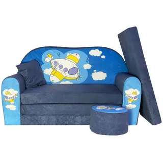 FORTISLINE Kindersofa XXL 2-Sitzer ausklappbar - Kindercouch mit Hocker und Kissen, Kinderzimmer Sofa mit Liegefläche bis 160 cm, Oeko-TEX, hergestellt in der EU, Flugzeugmotiv