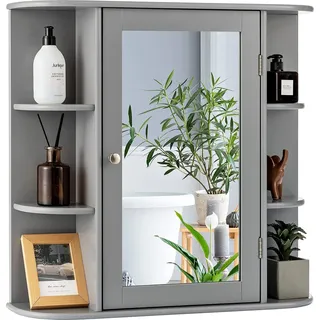 COSTWAY Spiegelschrank Badezimmer, Badezimmerspiegel mit Ablagen, Badezimmerspiegelschrank weiß, Wandschrank mit Badspiegel, Hängeschrank mit Spiegeltür (Grau) - Grau