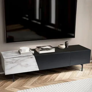 WOHNLING Lowboard Schwarz mit Marmor-Nachbildung in Weiß 150x40x40 cm TV-Kommode Modern TV-Schrank Niedrig Fernsehtisch Fernsehschrank mit Türen & Schublade - Weiß
