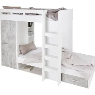 Begabino Hochbett 2 Liegeflächen mit Kleiderschrank und Regalen weiß/betonfarben