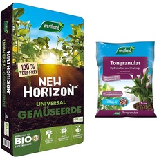 Westland New Horizon Universal Gemüseerde, 40 l – nachhaltige Bio-Erde zur optimalen Wasser- und Nährstoffversorgung, torffrei & Tongranulat, 5 Liter – Pflanzgranulat ideal für Hydrokultur