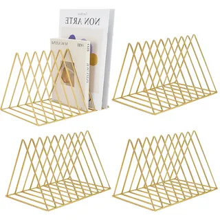 HAOTIAN-X 4 Stück Dreiecksordner, 9-fach-Magazinhalter in Gold, Metall Vinyl Schallplattenständer, Desktop File Organizer Zeitschriftenregal, Bücherregal Organizer für Büro Haus (Goldenes Dreieck)