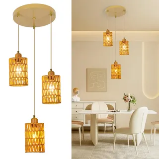 FORCOSO Pendelleuchte Esstisch - Hängeleuchte Rattan 3 Flammig, Boho Lampe Rattan Hängelampe, Hängend Deckenleuchte Esstischlampe E27 für Esszimmer Küche Schlafzimmer Wohnzimmer Flur