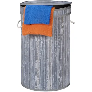 Relaxdays Wäschekorb Bambus, runder Wäschesammler mit Klappdeckel, 65 l, faltbare Wäschetonne, groß, rund Ø 40 cm, grau