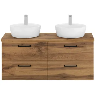 Doppelwaschtisch WELLTIME "Trento, Waschplatz, Waschtisch, 120 cm breit, viel Stauraum", beige (wotaneiche, wotaneiche), B:120cm H:67cm T:52cm, Waschtische, Doppelwaschtisch, 2 runde Keramik-Aufsatzbecken