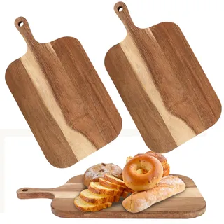 Oungy 2er Pack Schneidebrett Holz mit Griff 38 x 19.5 x 1.5 cm Holzbrett Küche aus Akazienholz Groß Servierbrett Holz Holzschneidebrett für Fleisch, Pizza, Käse, Brot, Gemüse