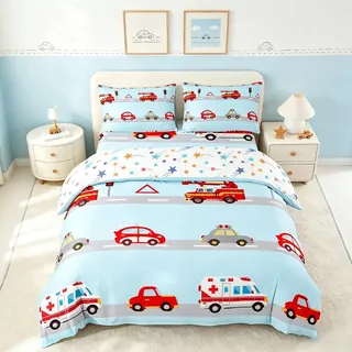 Homemissing Moderne Kinder Autos Drucken Bettwäsche Set 135x200cm Krankenwagen und Feuerwehr Bettbezug Set für Jungen Jugendliche Fahrzeug und Taxi Muster Bettwäsche-Set Blau Rot Weiß