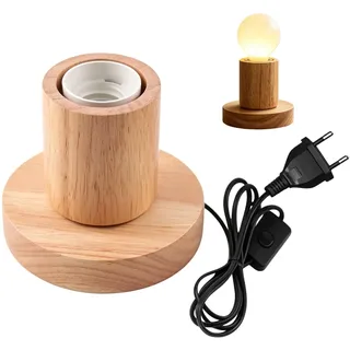 BAIFULAI Tischlampe Holz, E27 60W Nachttischlampe Holzfuß, zylindrisch Mini Tischleuchte mit Holzsockel &Kabelschalter, Retro, EU-Plug, für Schlafzimmer, Wohnzimmer oder Büro (ohne Glühbirne)