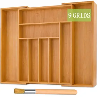 TWBEST Besteckkasten für Schubladen,7-9 Fächer Schubladeneinsatz+1 Reinigungsbürste,Variabel Ausziehbar 32-52cm,für Küchen-Schubladen,Wohnzimmer,Büroschublade,usw