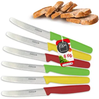 Coolinato - Frühstücksmesser 6 tlg. mit Wellenschliff aus rostfreiem Edelstahl Bunt - Universal Brötchenmesser mit ergonomischen Kunststoffgriff - Tomatenmesser & Brotzeitmesser in Premium Qualität