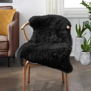 JXLOULAN Faux Lammfell Schaffell Teppich Schwarz 50x80 cm, Longhair Flauschiger Teppiche Wohnzimmer Deko Weicher Fell Carpet für Stühle Sofa Schlafzimmer Kinderzimmer