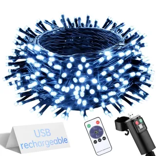 Lichterkette Batterie Außen Innen Weihnachtsbaum - USB Wiederaufladbar 15m 150 Led Kaltweiß Lichterketten mit Timer Wasserdicht Cluster Fairy Lights for Weihnachten Hochzeit Party Balkon Garten
