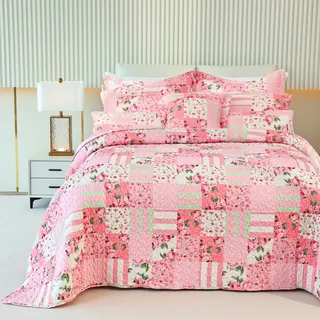 Cmfshape Gesteppte Tagesdecke mit Blumenmuster und 2 Kissenbezügen, Queen-Size-Größe, Patchwork-Rosa, 3-teiliges Steppdecken-Set, leicht, wendbar, für alle Jahreszeiten (Queen-Size-Bett, 239 x 244 cm,