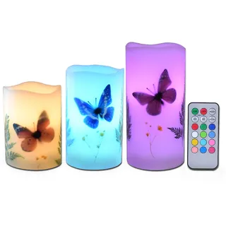 Kerzen Set mit 3 flammenlosen 4" 5" 6" Teelicht Schmetterling Blume Pflanzen Dekor Echtwachs Stumpenkerze LED Lichter 12 Farbwechsel 4H 8H Timer Fernbedienung AAA Batterien betrieben