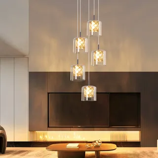 ZMH Pendellampe Esstisch 5 Flammig Pendelleuchte Glas Kristall Hängeleuchte 150CM Höheverstellbar G9 Modern Esszimmerlampe für Treppenhaus Wohzimmer