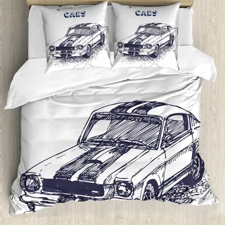 ABAKUHAUS Schwarz und weiß Bettbezug Set, Schmutz Art Alte Nostalgisches Sport Auto Thema Fahrzeug Manner Entwurf, 155 x 220 cm + 80 x 80 cm, Weiß Schwarz