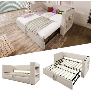 MODFU Schlafsofa 90x200cm Tagesbett mit Ausziehbett mit USB- & Type-C-Ladeanschluss,Daybett mit Getränkehalter,Einzelbett ohne Matratze,Beige - Beige