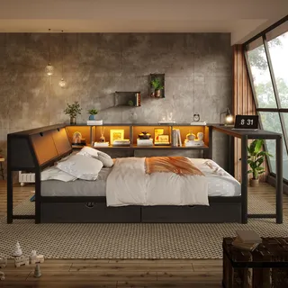 Flieks Tagesbett 140x200cm mit 2 Schubladen, Jugendbett Metallbett mit Schreibtisch und Led, Kinderbett Doppelbett mit Stauraum-Kopfteil, Schwarz - Schwarz